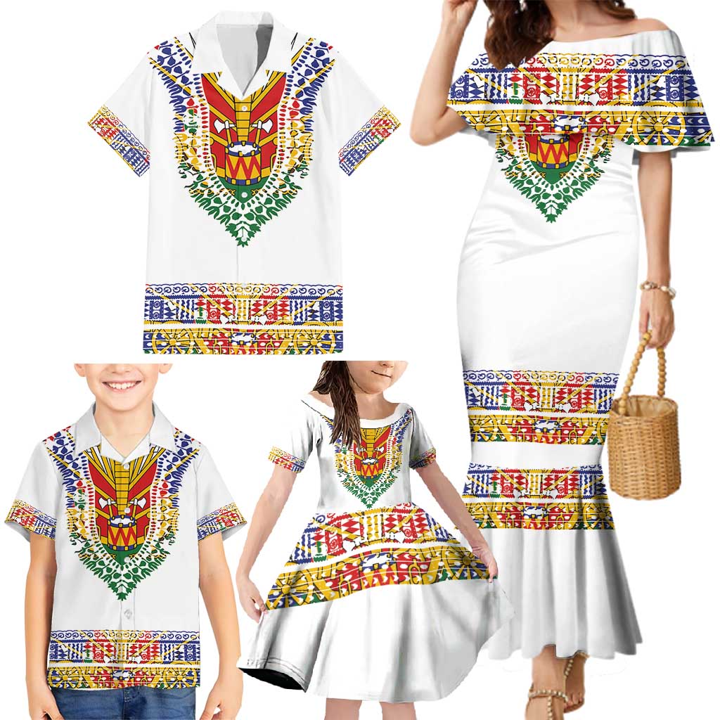 Haiti Flag Traditional Dashiki Family Matching Mermaid Dress and Hawaiian Shirt White Color - Polynesian Pride