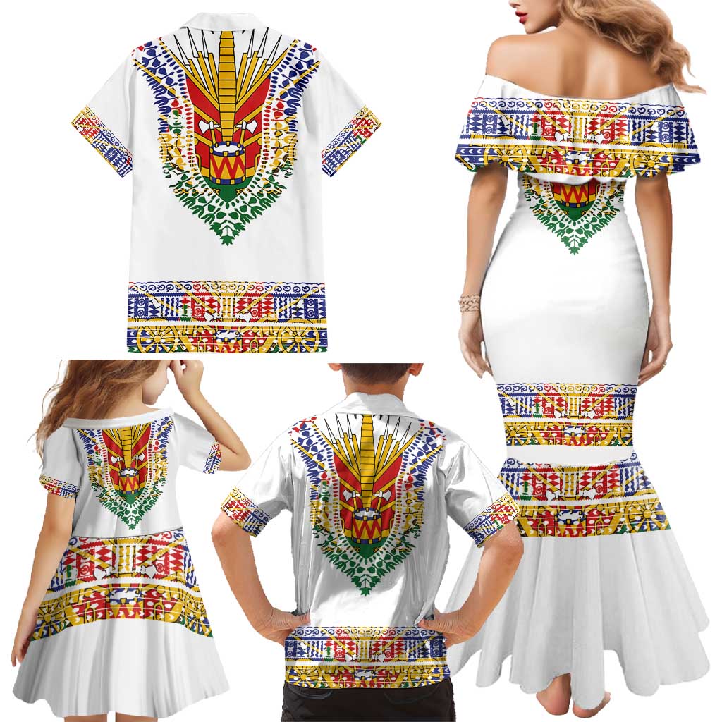 Haiti Flag Traditional Dashiki Family Matching Mermaid Dress and Hawaiian Shirt White Color - Polynesian Pride