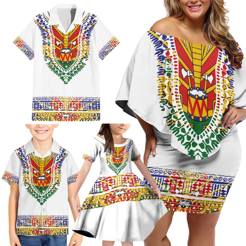 Haiti Flag Traditional Dashiki Family Matching Off Shoulder Short Dress and Hawaiian Shirt White Color - Polynesian Pride