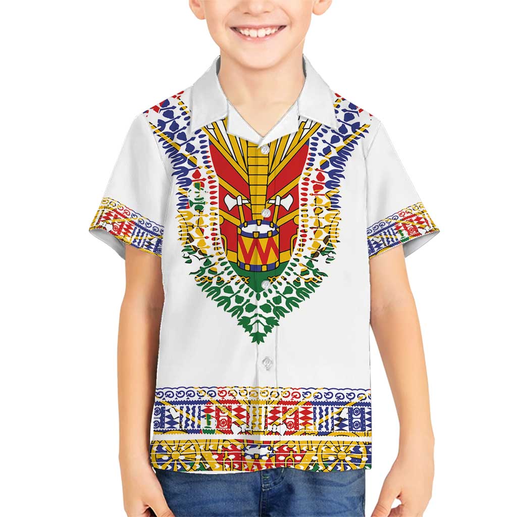 Haiti Flag Traditional Dashiki Family Matching Off Shoulder Short Dress and Hawaiian Shirt White Color - Polynesian Pride