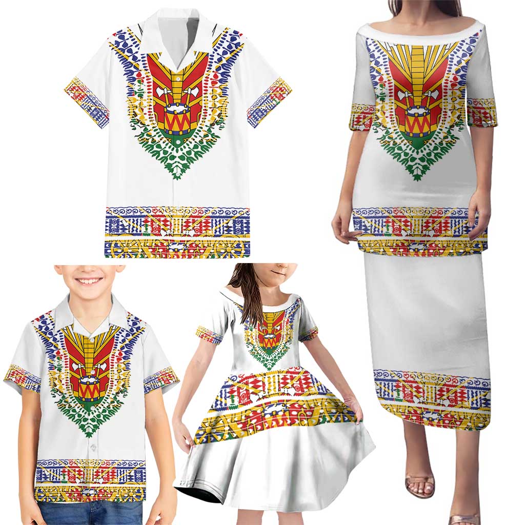 Haiti Flag Traditional Dashiki Family Matching Puletasi and Hawaiian Shirt White Color - Polynesian Pride