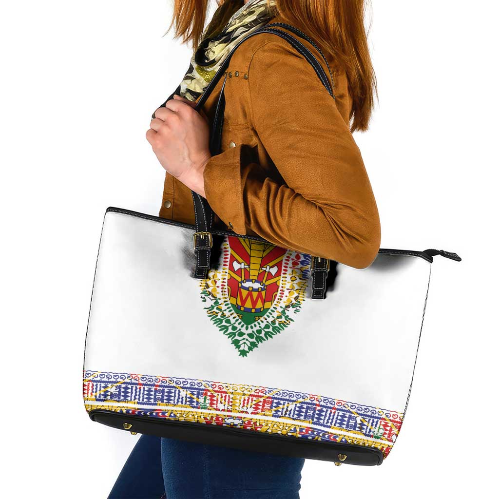 Haiti Flag Traditional Dashiki Leather Tote Bag White Color - Polynesian Pride