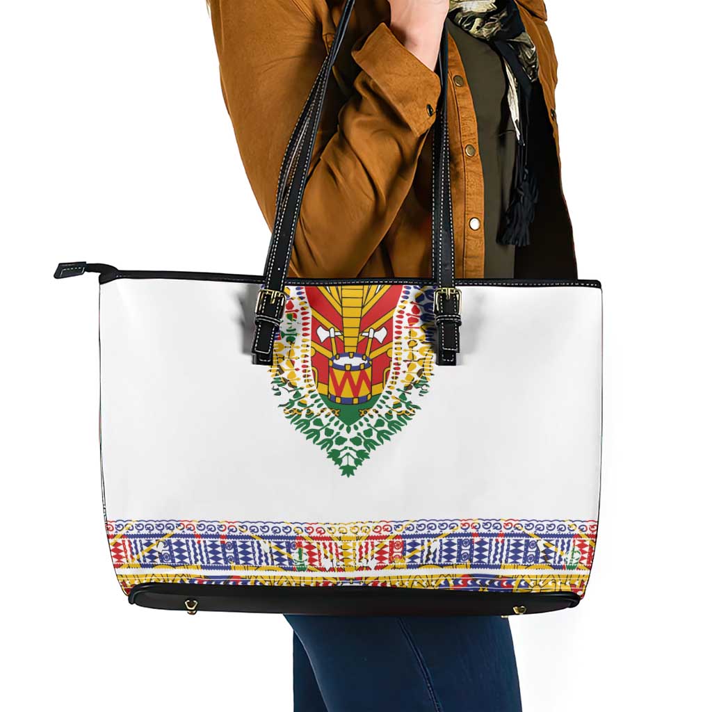 Haiti Flag Traditional Dashiki Leather Tote Bag White Color - Polynesian Pride
