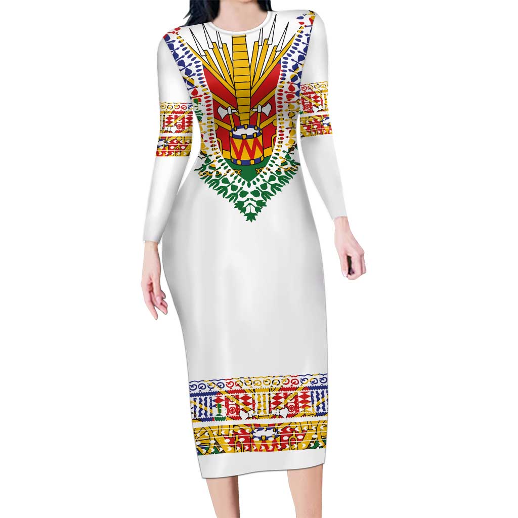 Haiti Flag Traditional Dashiki Long Sleeve Bodycon Dress White Color - Polynesian Pride