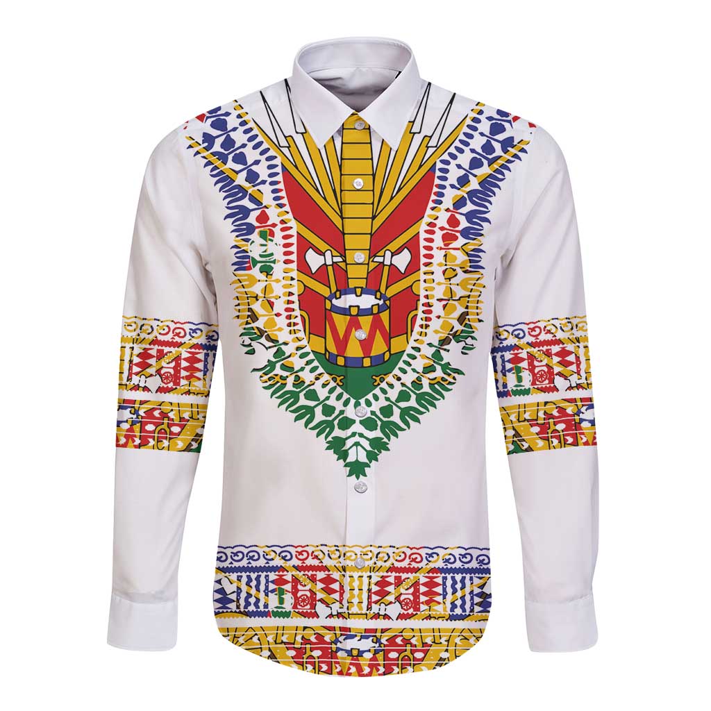 Haiti Flag Traditional Dashiki Long Sleeve Button Shirt White Color - Polynesian Pride