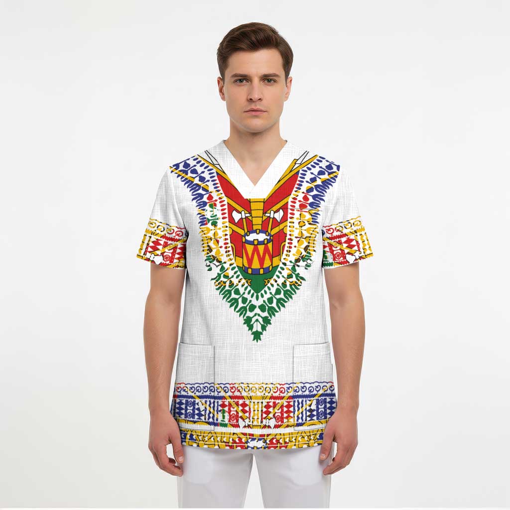 Haiti Flag Traditional Dashiki Scrub Top White Color - Polynesian Pride