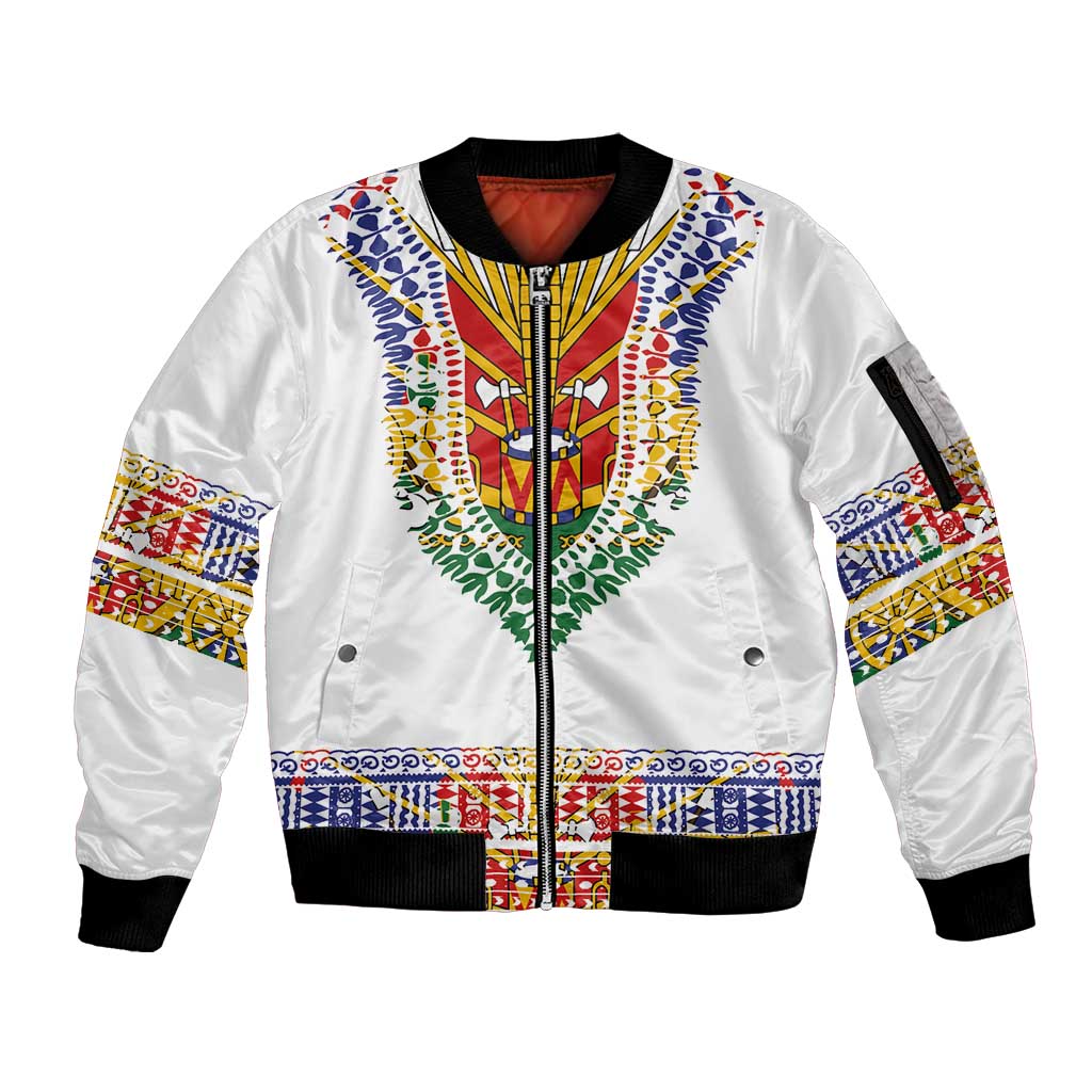 Haiti Flag Traditional Dashiki Sleeve Zip Bomber Jacket White Color - Polynesian Pride
