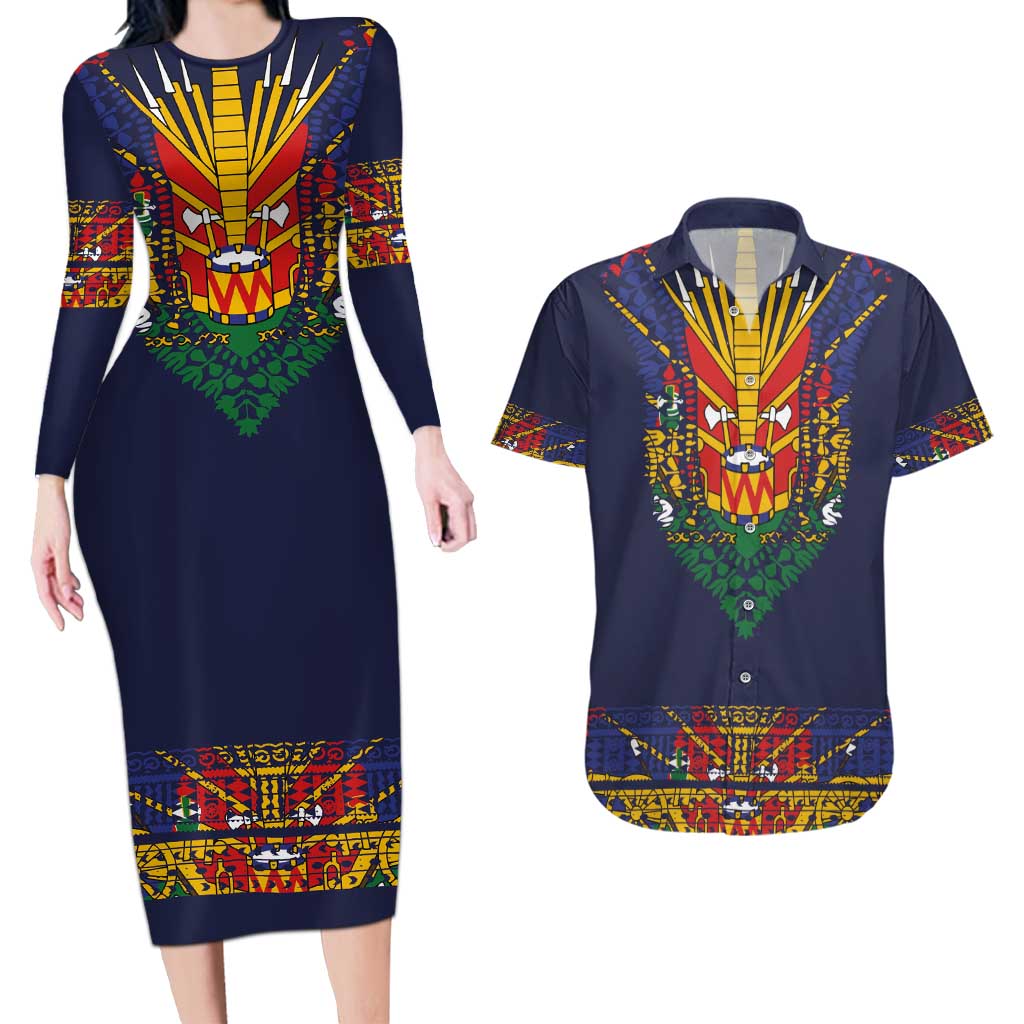 Haiti Flag Traditional Dashiki Couples Matching Long Sleeve Bodycon Dress and Hawaiian Shirt Black Color - Polynesian Pride