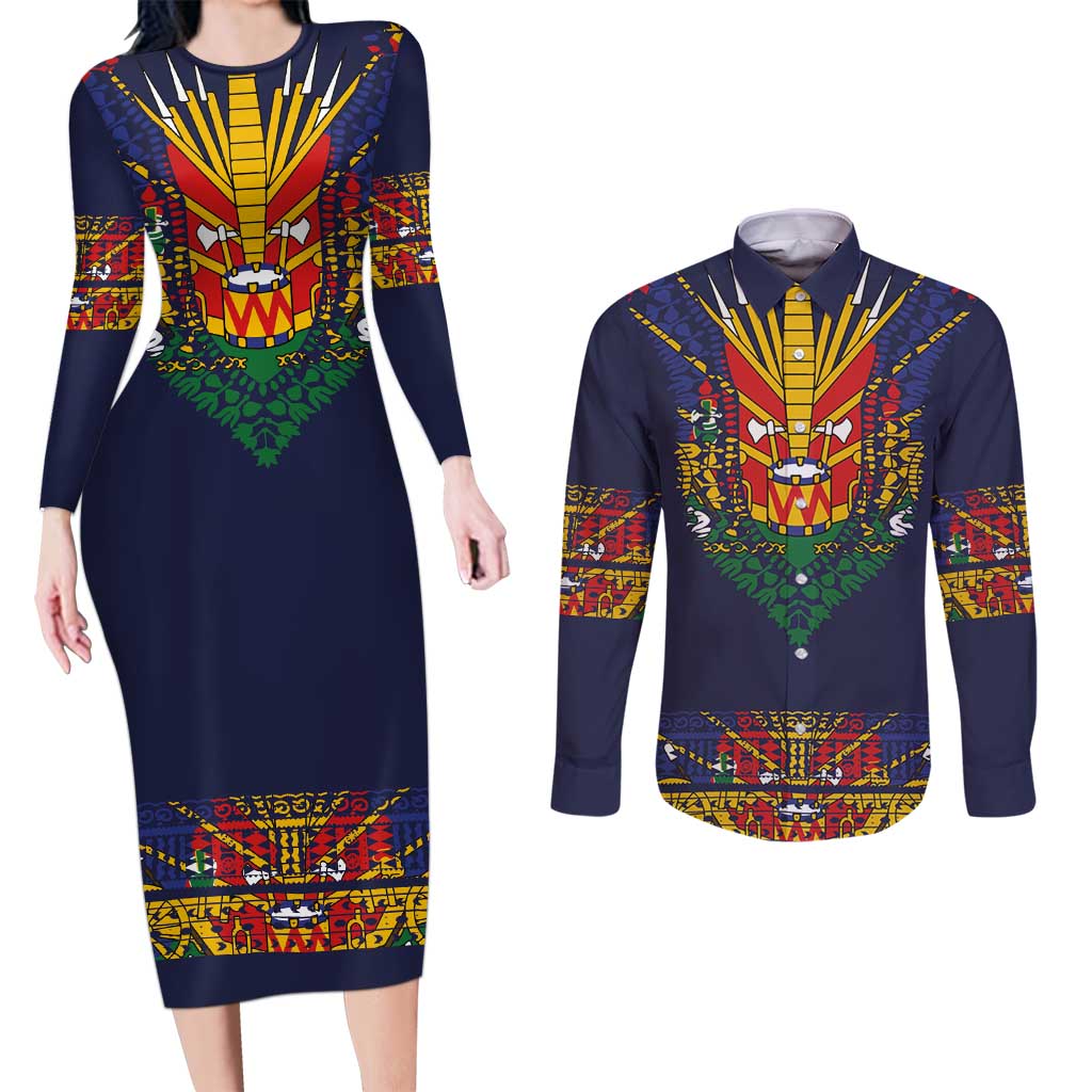 Haiti Flag Traditional Dashiki Couples Matching Long Sleeve Bodycon Dress and Long Sleeve Button Shirt Black Color LT03 Black - Polynesian Pride