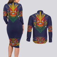 Haiti Flag Traditional Dashiki Couples Matching Long Sleeve Bodycon Dress and Long Sleeve Button Shirt Black Color - Polynesian Pride