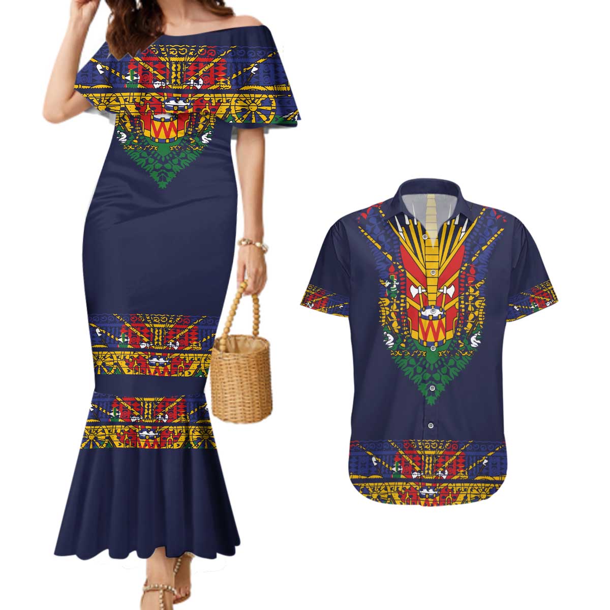 Haiti Flag Traditional Dashiki Couples Matching Mermaid Dress and Hawaiian Shirt Black Color - Polynesian Pride