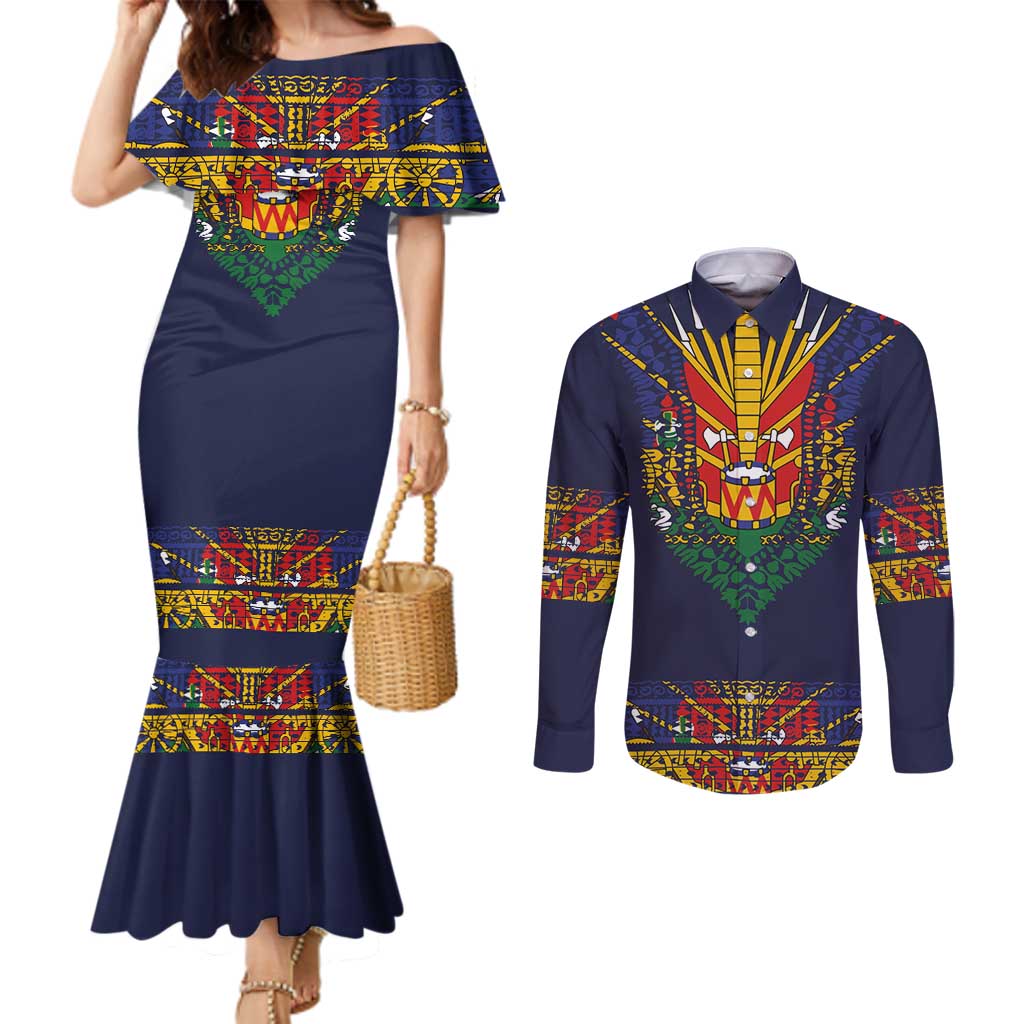 Haiti Flag Traditional Dashiki Couples Matching Mermaid Dress and Long Sleeve Button Shirt Black Color LT03 Black - Polynesian Pride