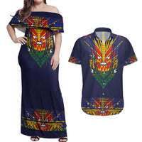Haiti Flag Traditional Dashiki Couples Matching Off Shoulder Maxi Dress and Hawaiian Shirt Black Color - Polynesian Pride