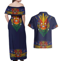 Haiti Flag Traditional Dashiki Couples Matching Off Shoulder Maxi Dress and Hawaiian Shirt Black Color - Polynesian Pride