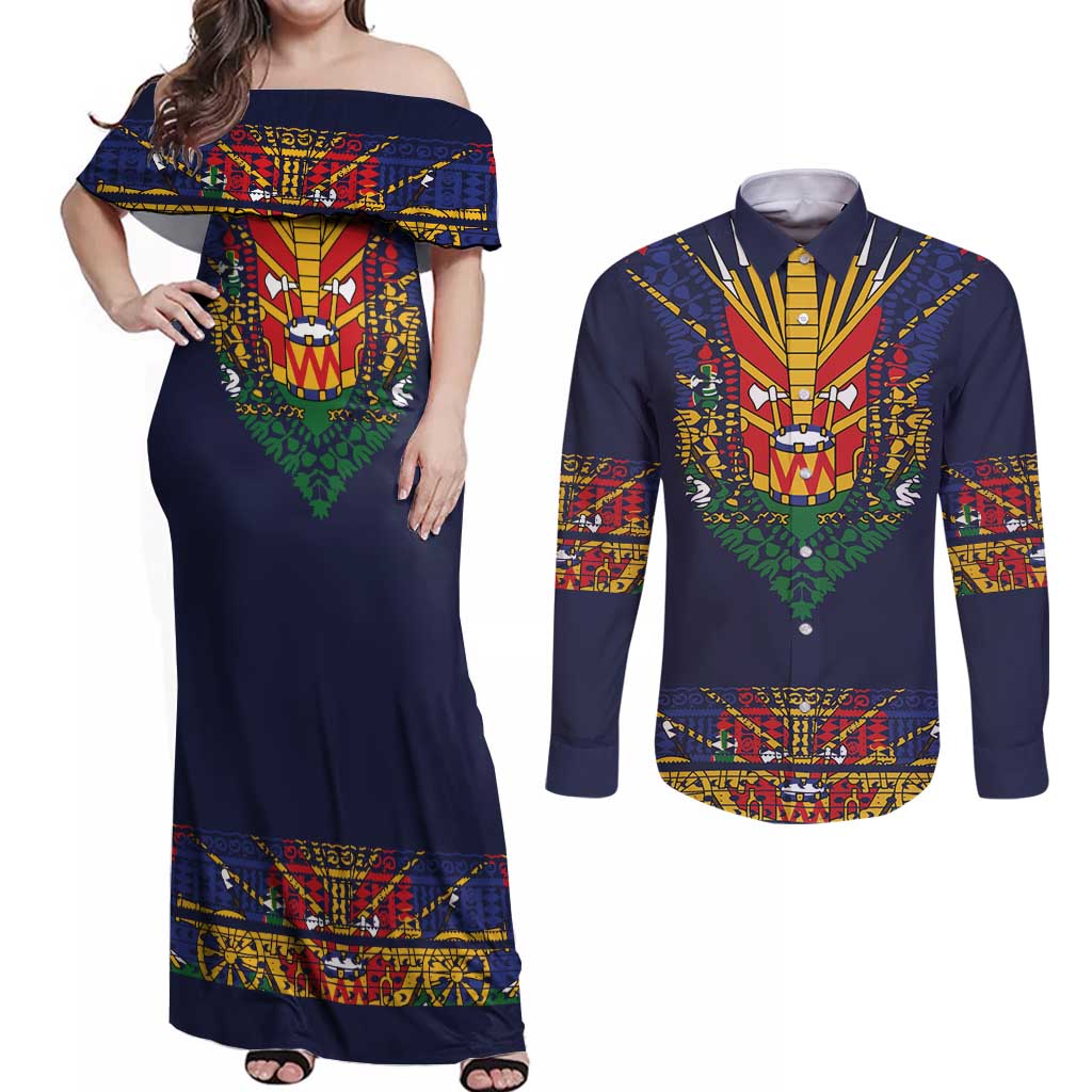 Haiti Flag Traditional Dashiki Couples Matching Off Shoulder Maxi Dress and Long Sleeve Button Shirt Black Color LT03 Black - Polynesian Pride
