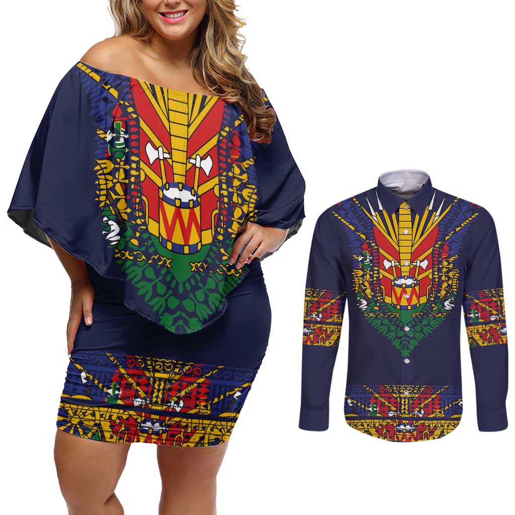 Haiti Flag Traditional Dashiki Couples Matching Off Shoulder Short Dress and Long Sleeve Button Shirt Black Color - Polynesian Pride