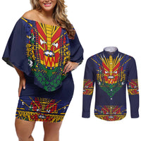Haiti Flag Traditional Dashiki Couples Matching Off Shoulder Short Dress and Long Sleeve Button Shirt Black Color - Polynesian Pride