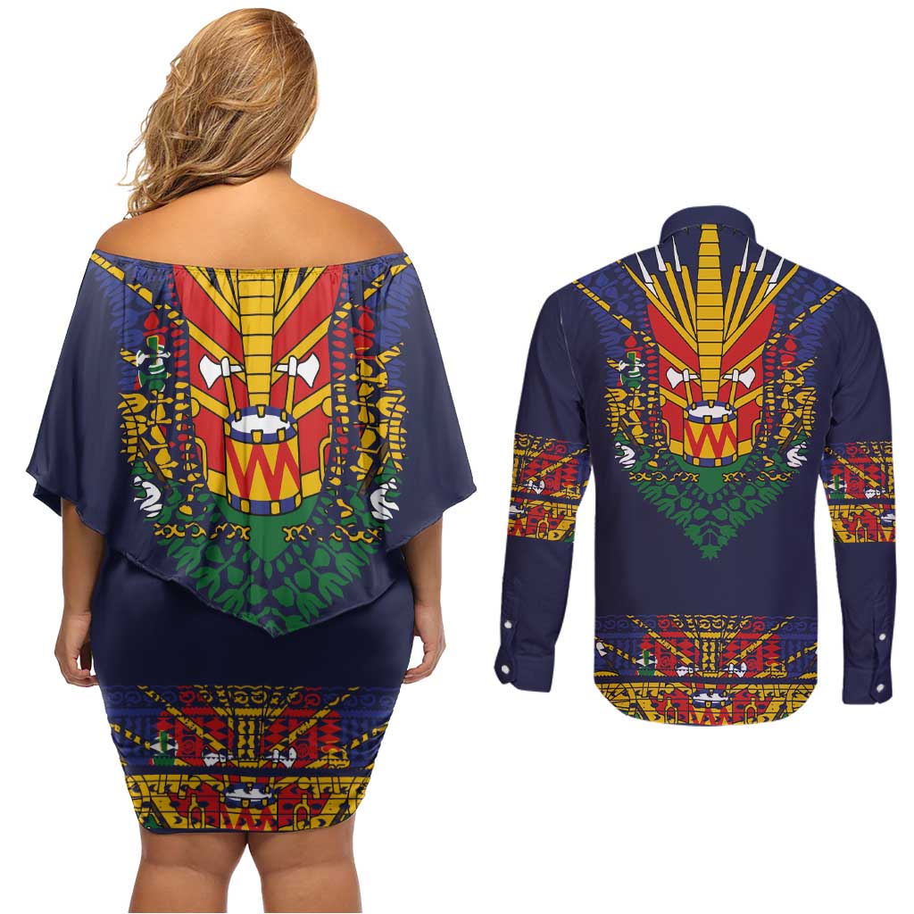Haiti Flag Traditional Dashiki Couples Matching Off Shoulder Short Dress and Long Sleeve Button Shirt Black Color - Polynesian Pride