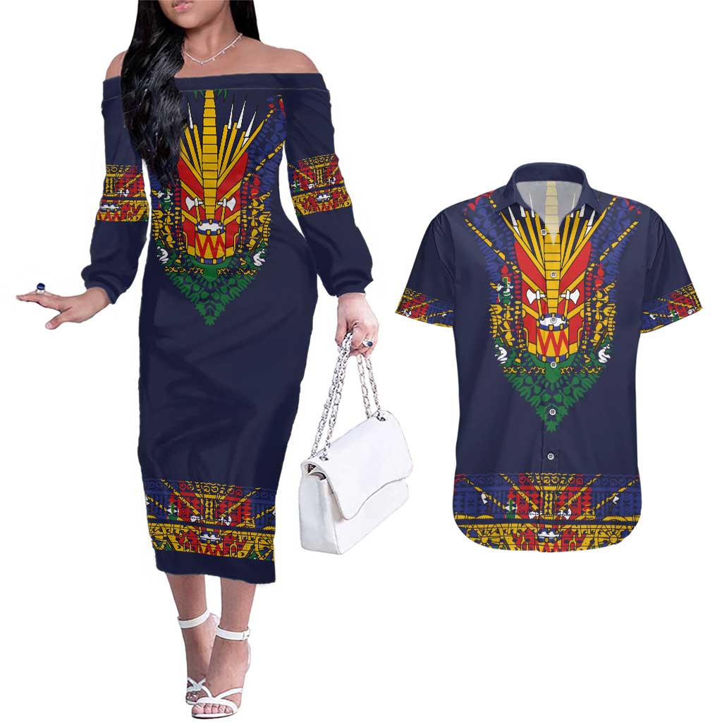 Haiti Flag Traditional Dashiki Couples Matching Off The Shoulder Long Sleeve Dress and Hawaiian Shirt Black Color - Polynesian Pride