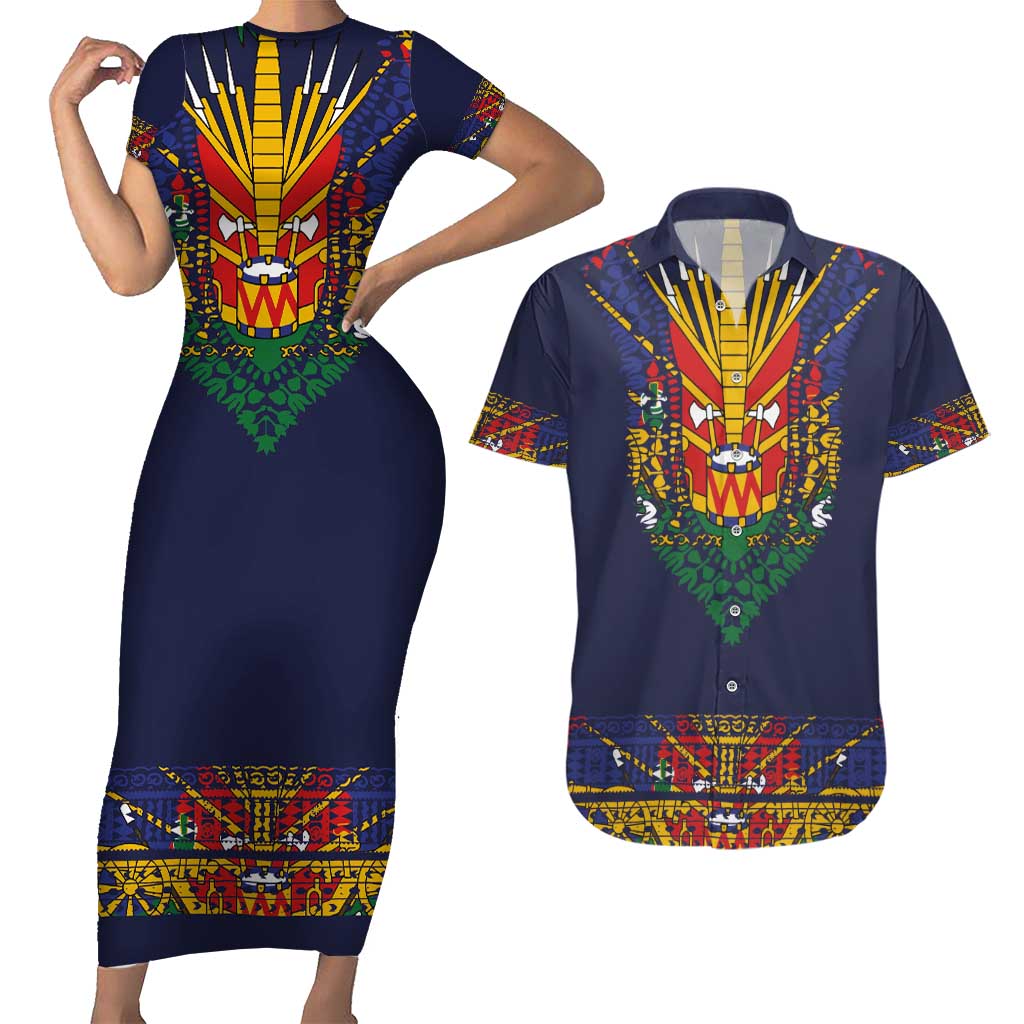 Haiti Flag Traditional Dashiki Couples Matching Short Sleeve Bodycon Dress and Hawaiian Shirt Black Color - Polynesian Pride