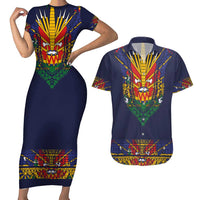 Haiti Flag Traditional Dashiki Couples Matching Short Sleeve Bodycon Dress and Hawaiian Shirt Black Color - Polynesian Pride