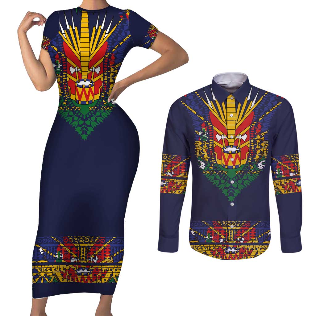 Haiti Flag Traditional Dashiki Couples Matching Short Sleeve Bodycon Dress and Long Sleeve Button Shirt Black Color - Polynesian Pride