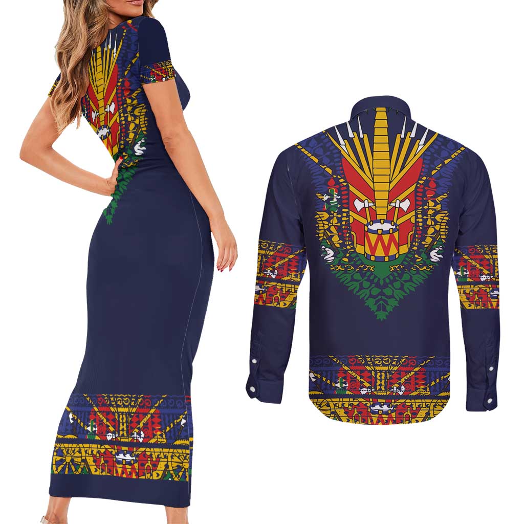 Haiti Flag Traditional Dashiki Couples Matching Short Sleeve Bodycon Dress and Long Sleeve Button Shirt Black Color - Polynesian Pride