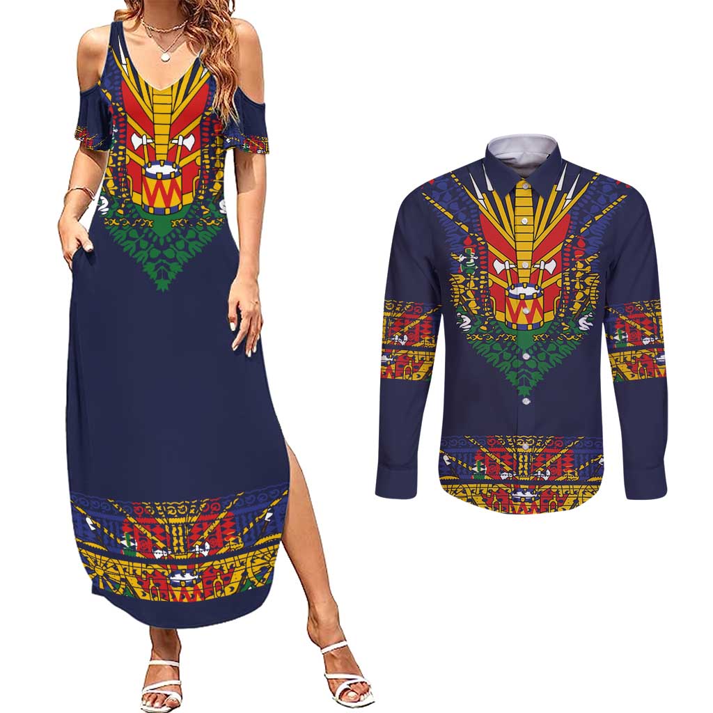 Haiti Flag Traditional Dashiki Couples Matching Summer Maxi Dress and Long Sleeve Button Shirt Black Color - Polynesian Pride