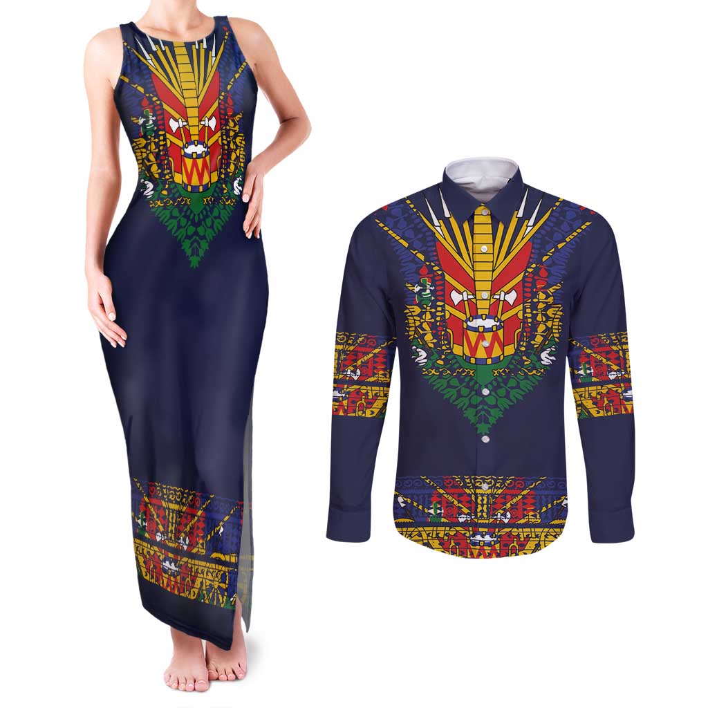 Haiti Flag Traditional Dashiki Couples Matching Tank Maxi Dress and Long Sleeve Button Shirt Black Color LT03 Black - Polynesian Pride