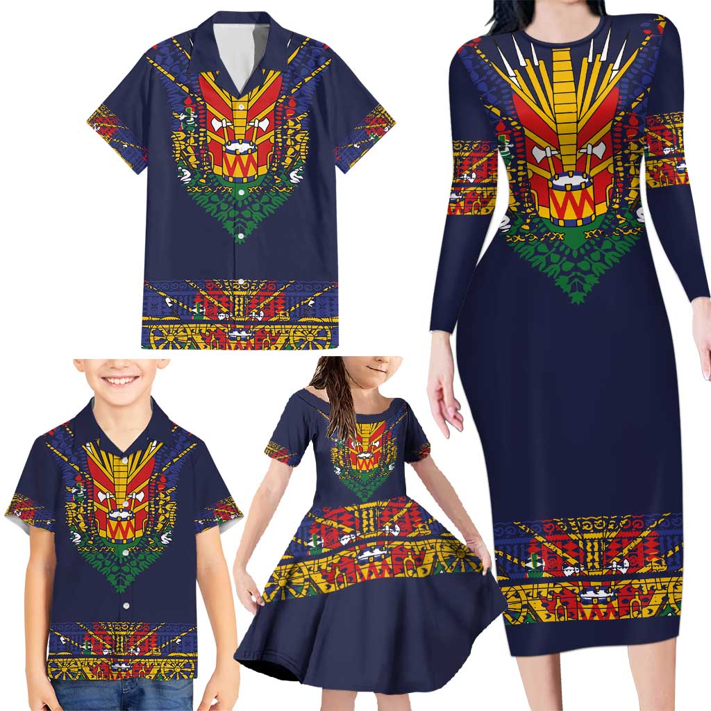Haiti Flag Traditional Dashiki Family Matching Long Sleeve Bodycon Dress and Hawaiian Shirt Black Color - Polynesian Pride