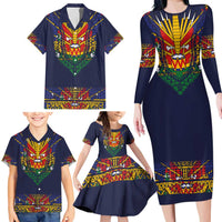 Haiti Flag Traditional Dashiki Family Matching Long Sleeve Bodycon Dress and Hawaiian Shirt Black Color - Polynesian Pride