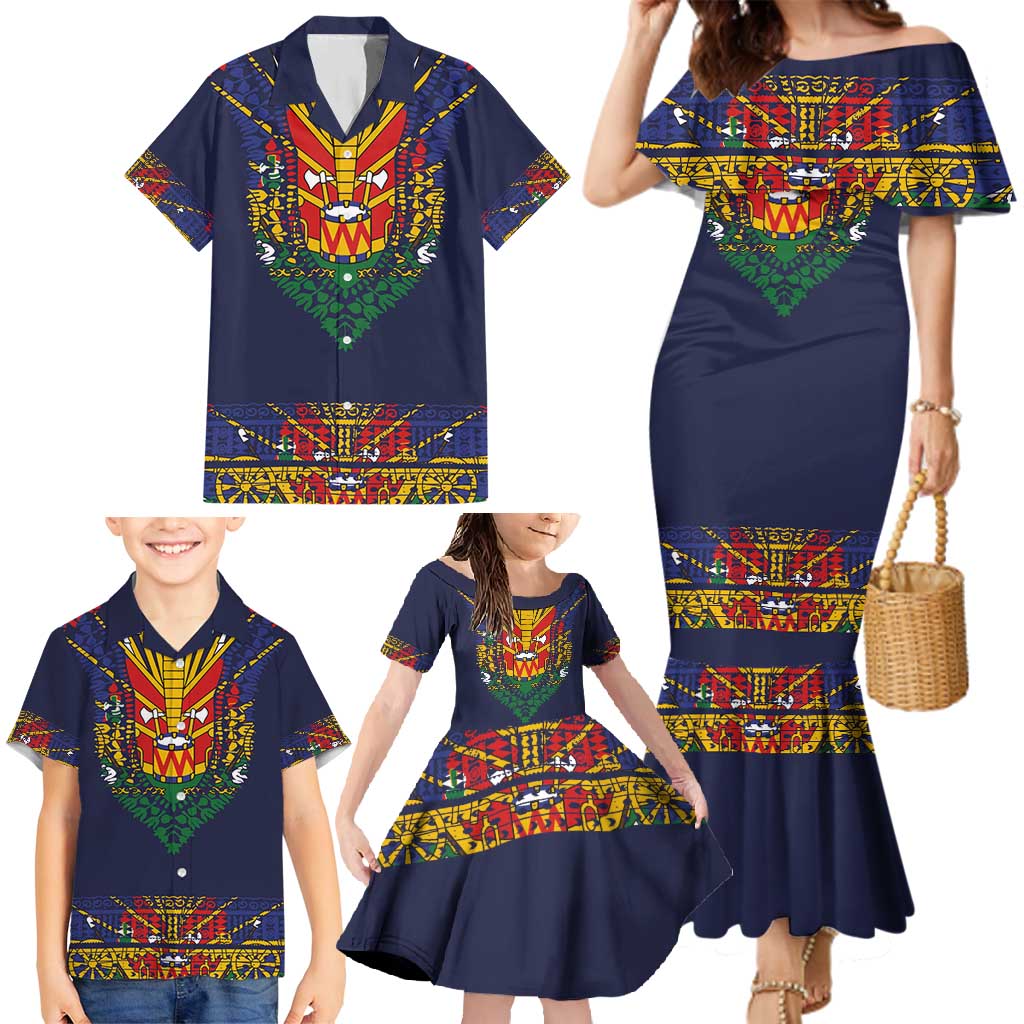 Haiti Flag Traditional Dashiki Family Matching Mermaid Dress and Hawaiian Shirt Black Color - Polynesian Pride