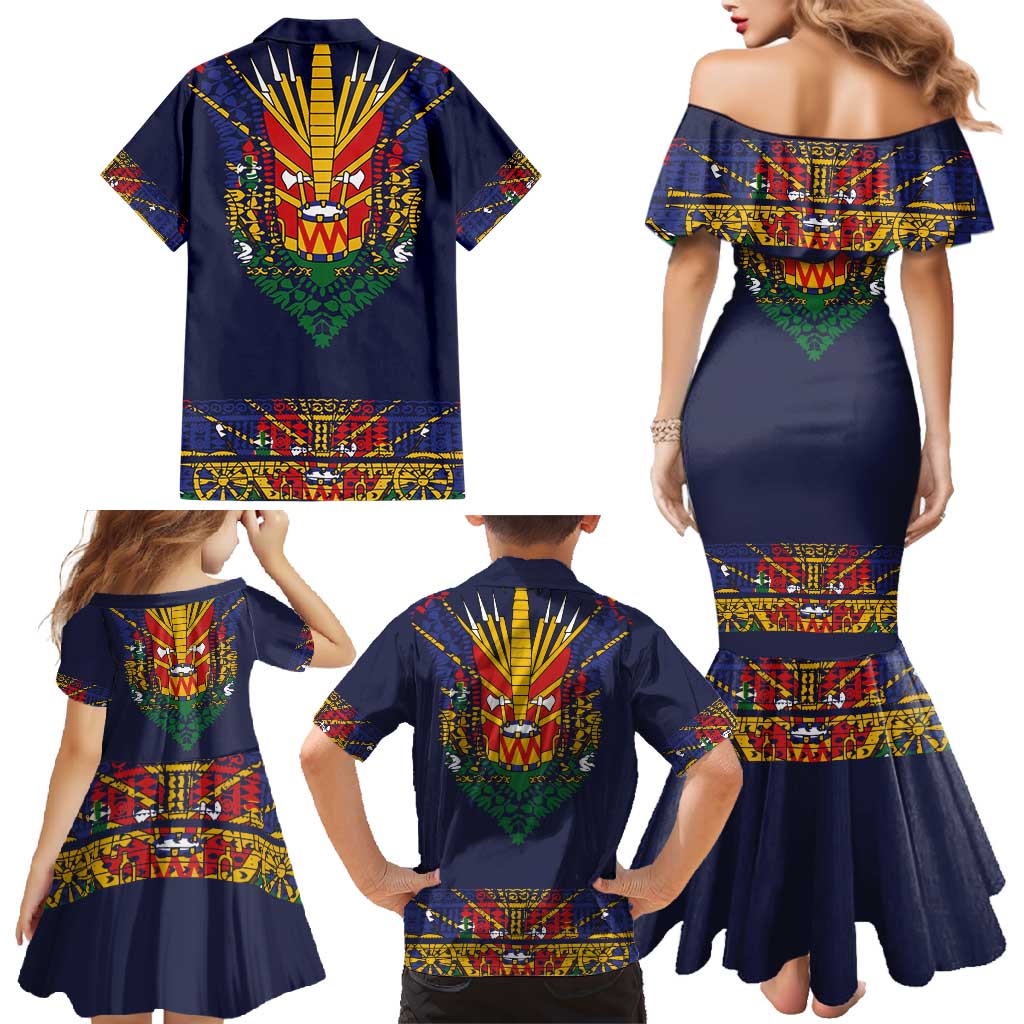 Haiti Flag Traditional Dashiki Family Matching Mermaid Dress and Hawaiian Shirt Black Color - Polynesian Pride