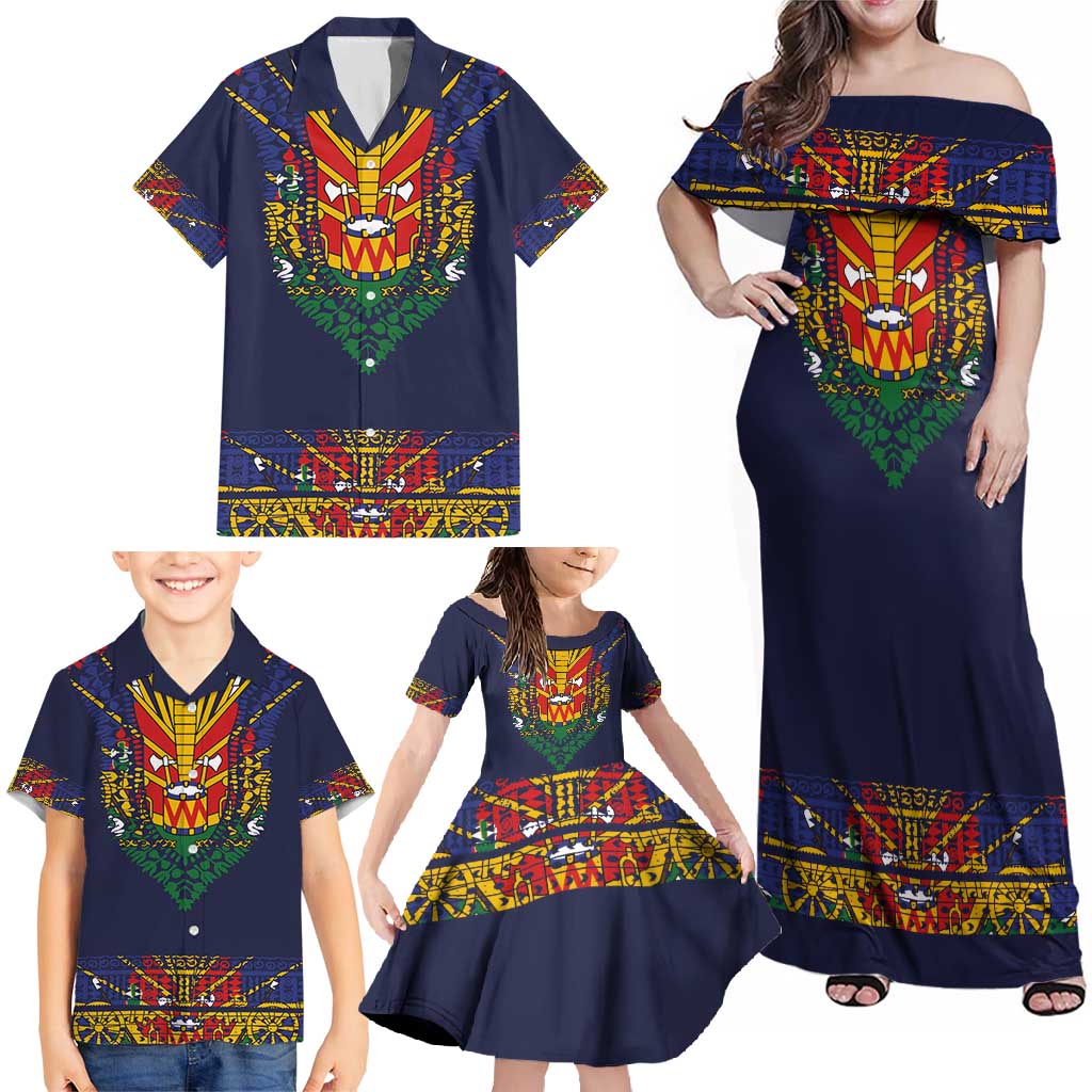 Haiti Flag Traditional Dashiki Family Matching Off Shoulder Maxi Dress and Hawaiian Shirt Black Color - Polynesian Pride