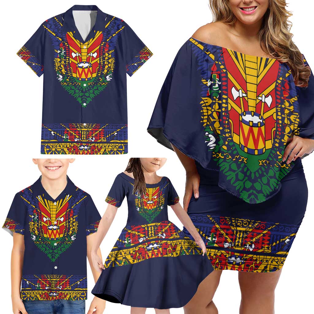 Haiti Flag Traditional Dashiki Family Matching Off Shoulder Short Dress and Hawaiian Shirt Black Color - Polynesian Pride