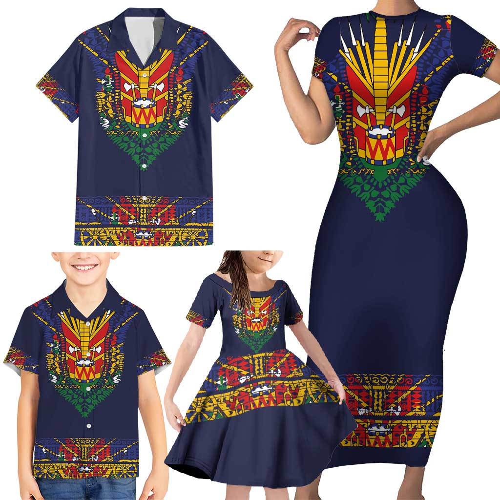 Haiti Flag Traditional Dashiki Family Matching Short Sleeve Bodycon Dress and Hawaiian Shirt Black Color - Polynesian Pride