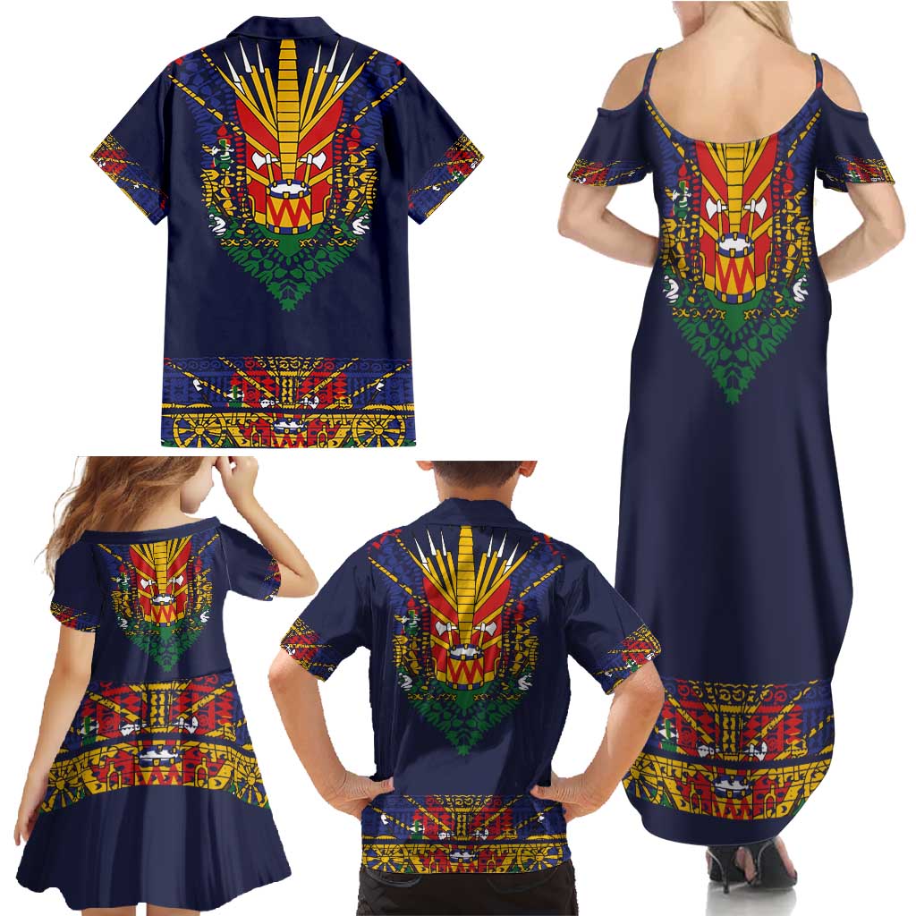 Haiti Flag Traditional Dashiki Family Matching Summer Maxi Dress and Hawaiian Shirt Black Color - Polynesian Pride