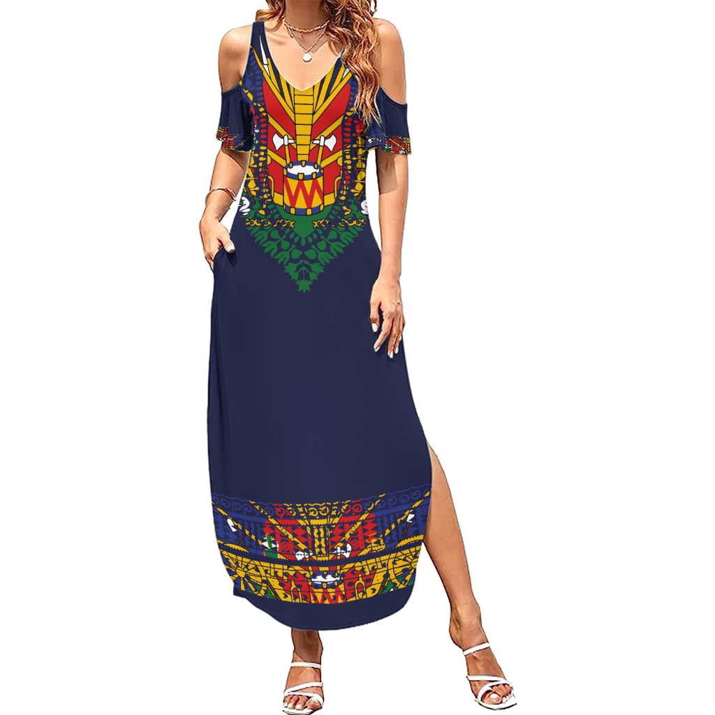 Haiti Flag Traditional Dashiki Family Matching Summer Maxi Dress and Hawaiian Shirt Black Color - Polynesian Pride