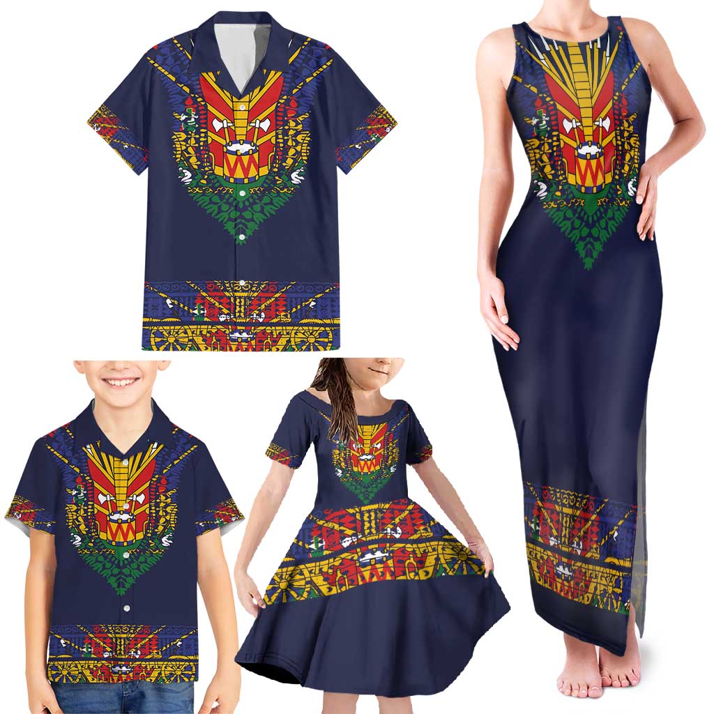 Haiti Flag Traditional Dashiki Family Matching Tank Maxi Dress and Hawaiian Shirt Black Color - Polynesian Pride