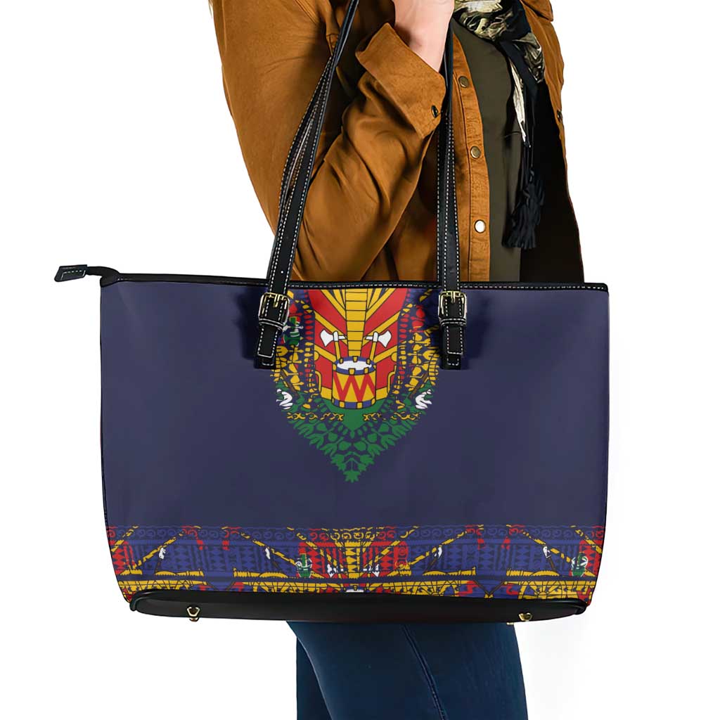 Haiti Flag Traditional Dashiki Leather Tote Bag Black Color - Polynesian Pride