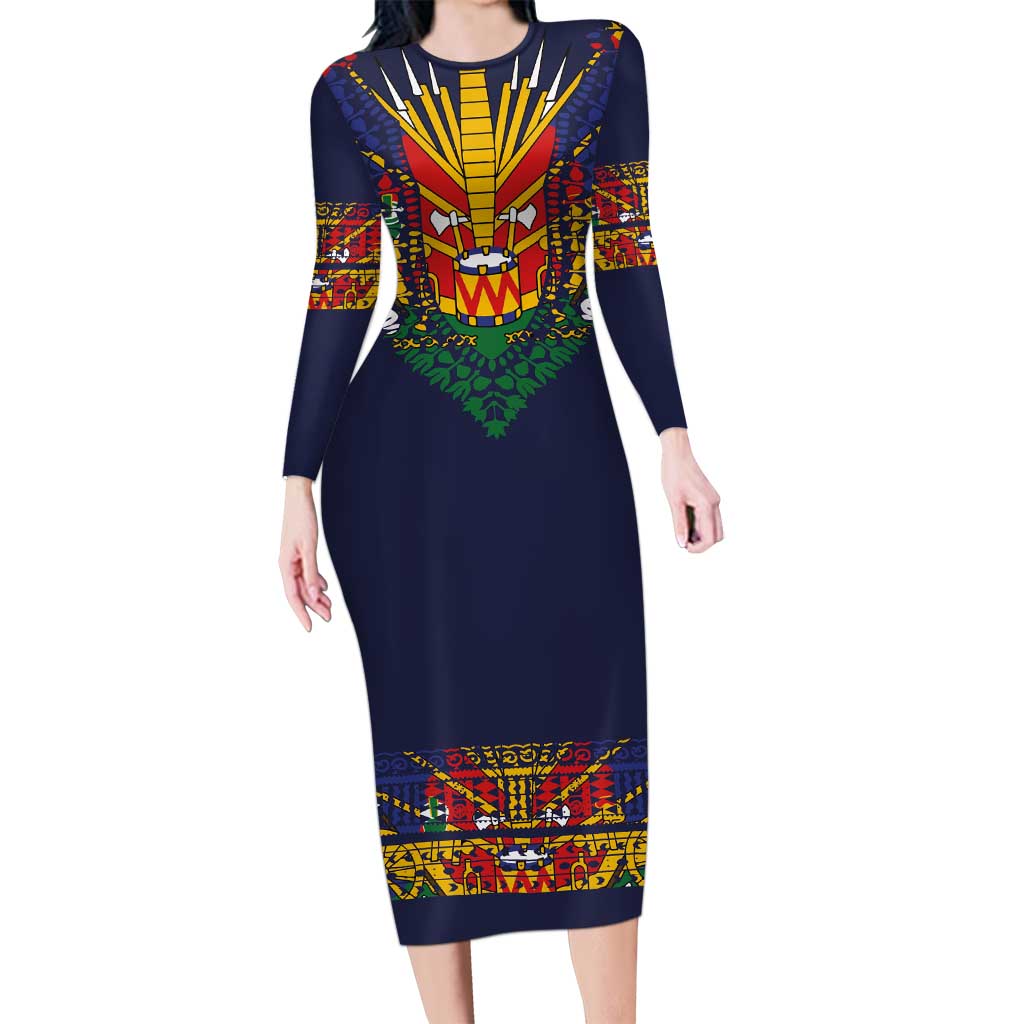 Haiti Flag Traditional Dashiki Long Sleeve Bodycon Dress Black Color - Polynesian Pride