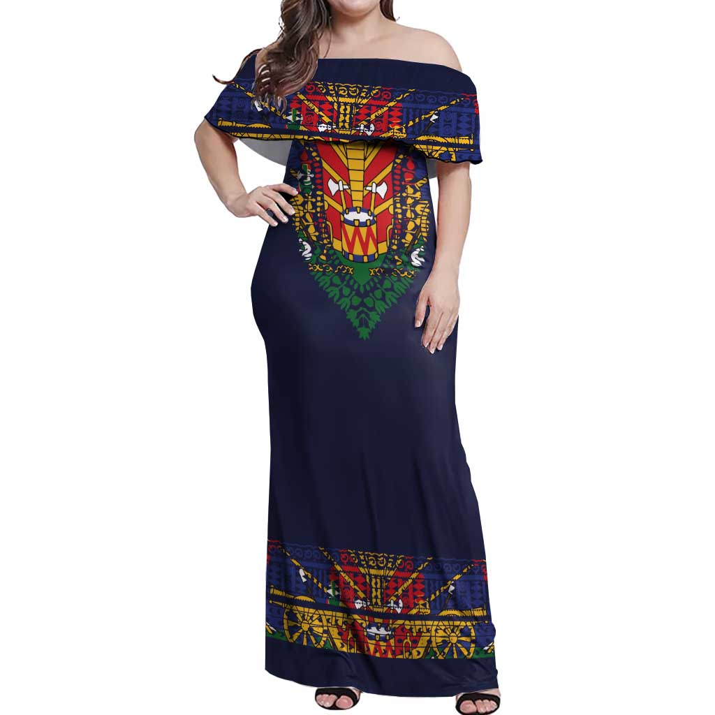 Haiti Flag Traditional Dashiki Off Shoulder Maxi Dress Black Color LT03 Women Black - Polynesian Pride