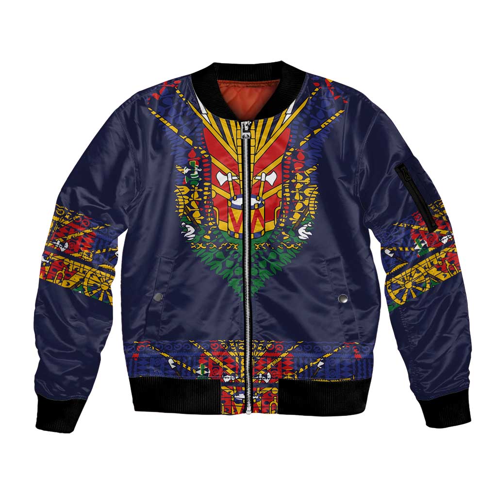 Haiti Flag Traditional Dashiki Sleeve Zip Bomber Jacket Black Color - Polynesian Pride