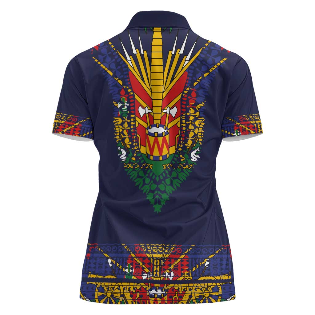 Haiti Flag Traditional Dashiki Women Polo Shirt Black Color - Polynesian Pride