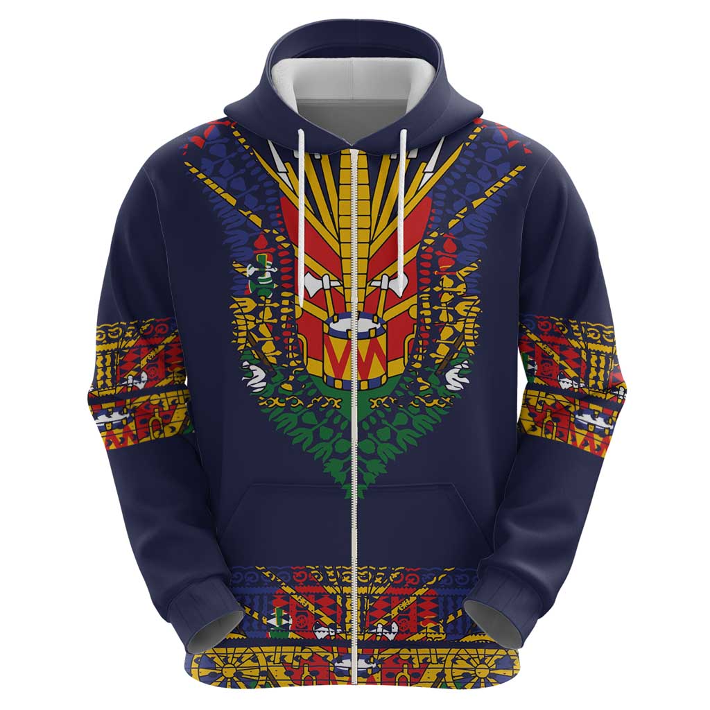 Haiti Flag Traditional Dashiki Zip Hoodie Black Color - Polynesian Pride