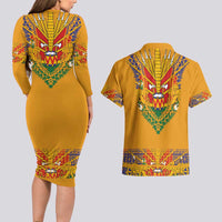 Haiti Flag Traditional Dashiki Couples Matching Long Sleeve Bodycon Dress and Hawaiian Shirt Yellow Color - Polynesian Pride