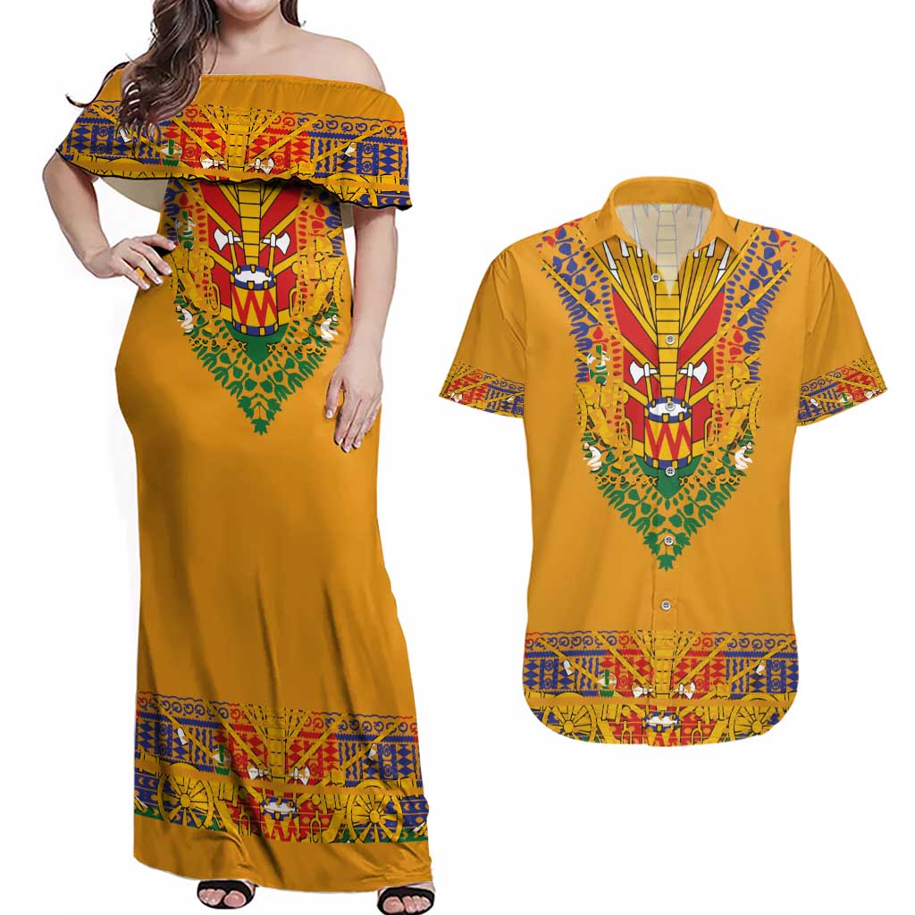 Haiti Flag Traditional Dashiki Couples Matching Off Shoulder Maxi Dress and Hawaiian Shirt Yellow Color - Polynesian Pride