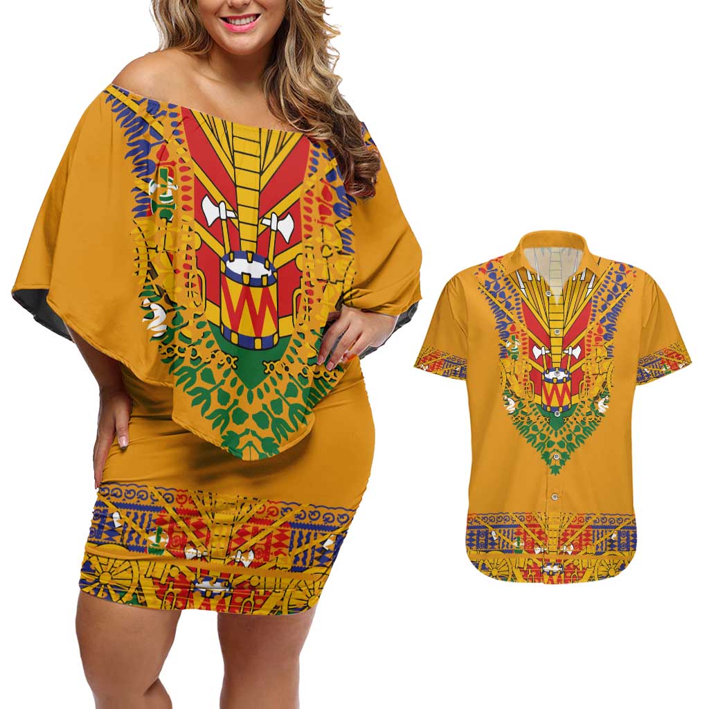 Haiti Flag Traditional Dashiki Couples Matching Off Shoulder Short Dress and Hawaiian Shirt Yellow Color - Polynesian Pride