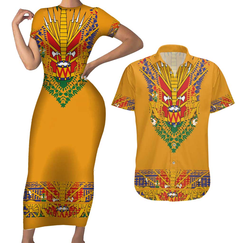 Haiti Flag Traditional Dashiki Couples Matching Short Sleeve Bodycon Dress and Hawaiian Shirt Yellow Color - Polynesian Pride