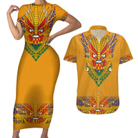 Haiti Flag Traditional Dashiki Couples Matching Short Sleeve Bodycon Dress and Hawaiian Shirt Yellow Color - Polynesian Pride